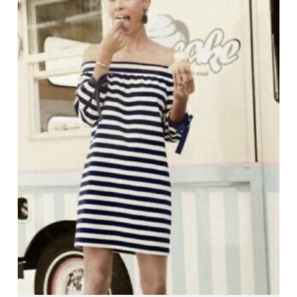 JCrew Stripe Off Shoulder Quarter Sleeve Tied Cuffs Mini Shift Dress Navy Ivory - Picture 3 of 9